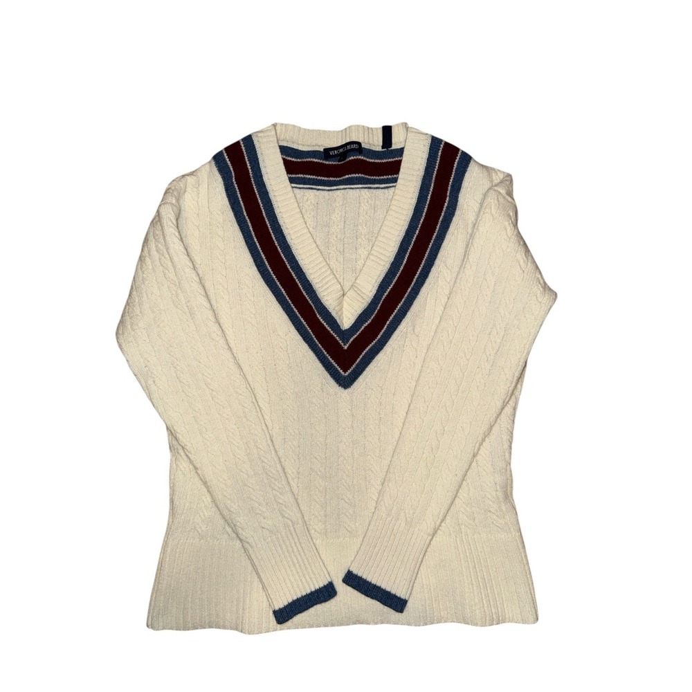 Veronica Beard Cream V-Neck Cable Knit Sweater with Navy & Burgundy Trim